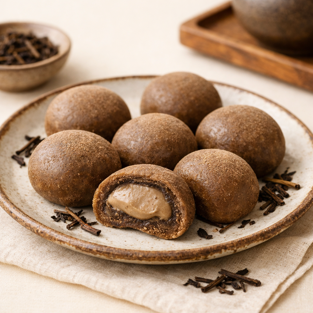 Mochi Hojicha - prażona herbata w brązowej otoczce