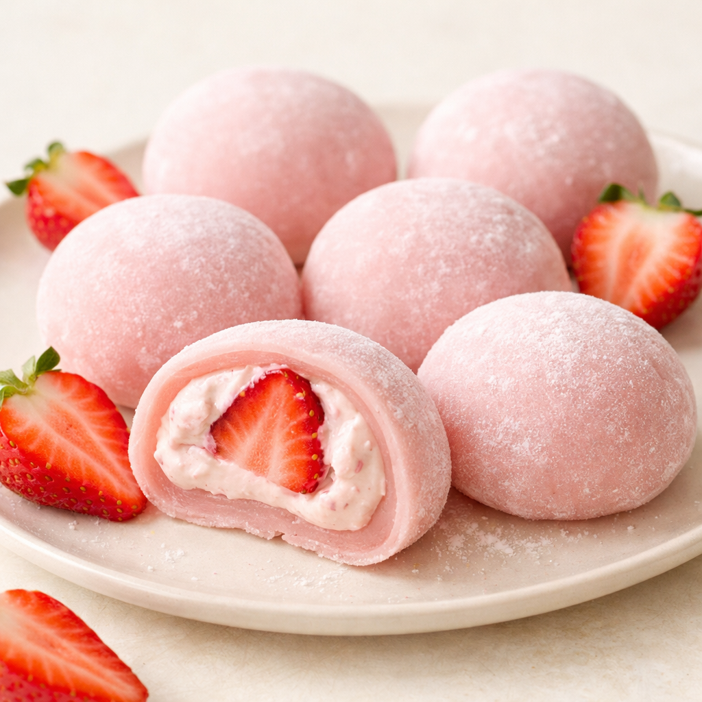Mochi Truskawkowe - świeże truskawki